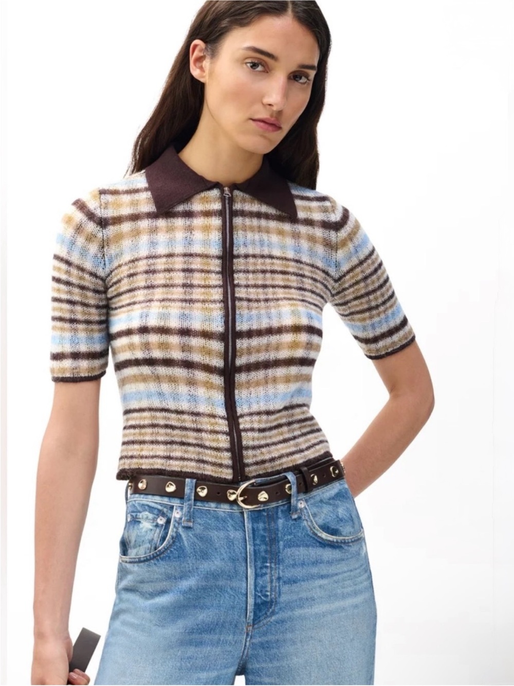 rag & bone Leva Short Sleeve Zip Cardigan Brown and Light Blue Striped Sz M $559